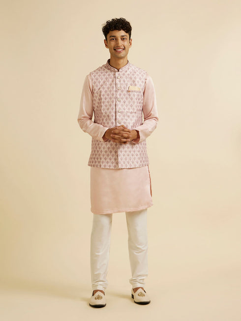 Manyavar Peach Buta Jaal Print Nehru Jacket