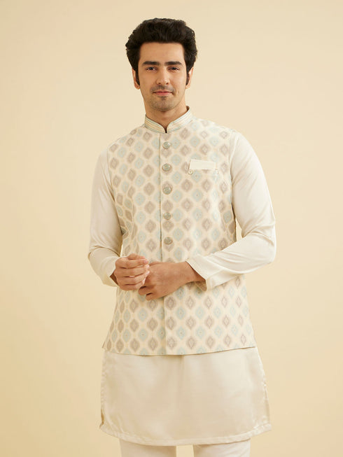 Manyavar Light Cream Conch Shell Motifs Nehru Jacket