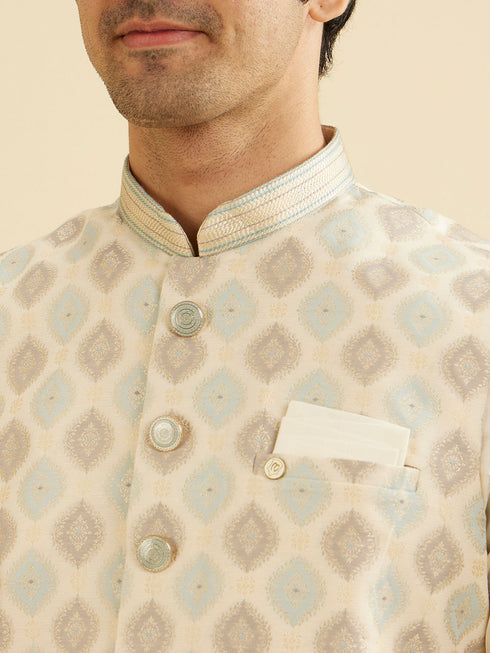 Manyavar Light Cream Conch Shell Motifs Nehru Jacket