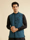Manyavar Teal Blue Floral Jaal Nehru Jacket with Sequin Work