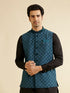 Manyavar Teal Blue Floral Jaal Nehru Jacket with Sequin Work