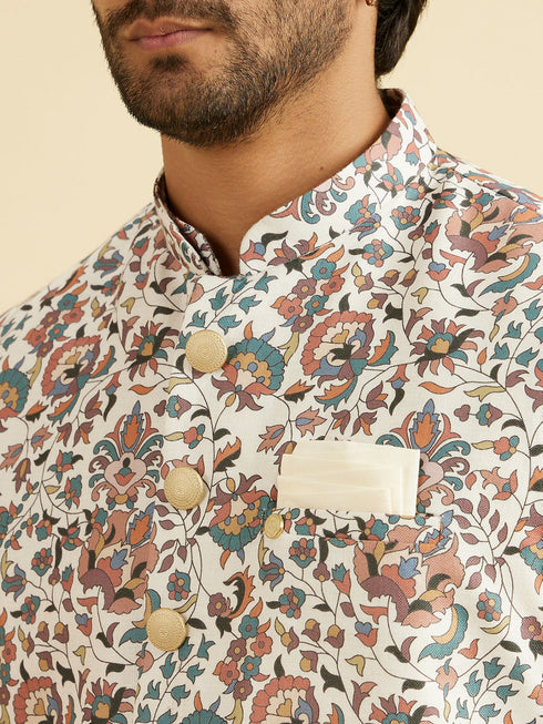 Manyavar Beige Bel Buti Print Nehru Jacket