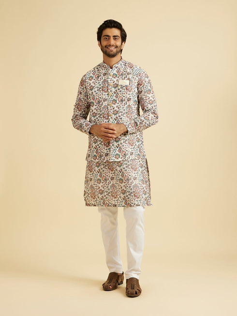 Manyavar Beige Bel Buti Print Nehru Jacket