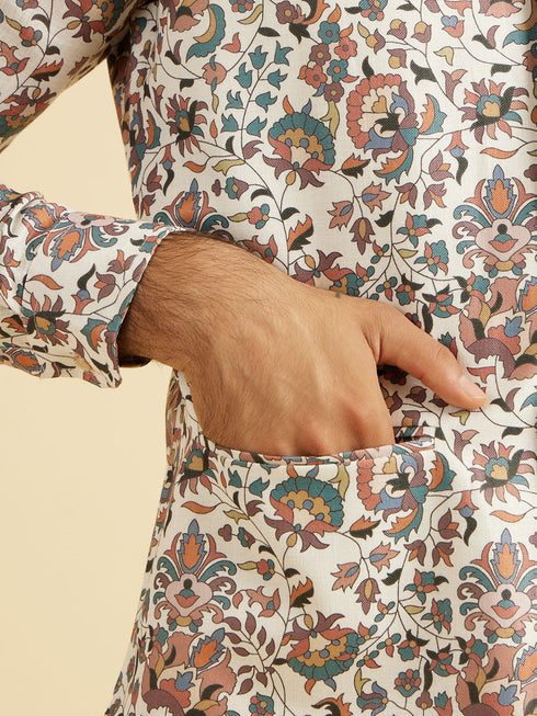 Manyavar Beige Bel Buti Print Nehru Jacket