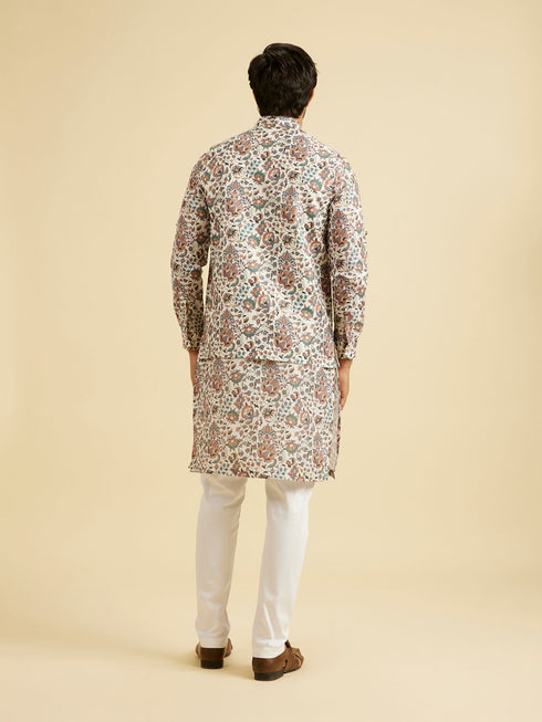 Manyavar Beige Bel Buti Print Nehru Jacket