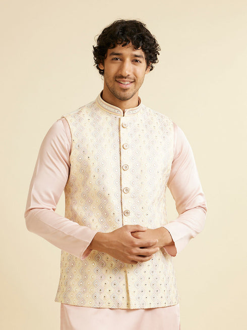 Manyavar Cream Beige Ogee Jaal Patterned Jacket with Mirror Work