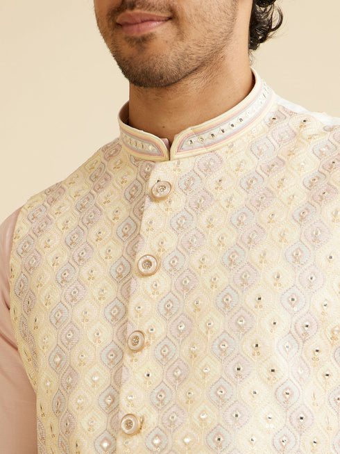 Manyavar Cream Beige Ogee Jaal Patterned Jacket with Mirror Work