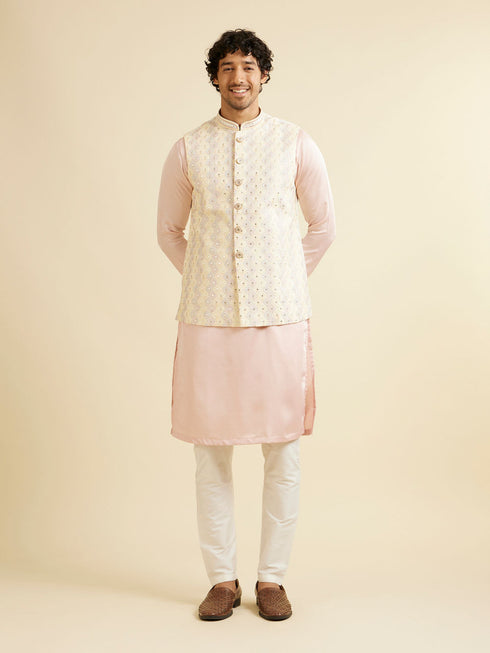 Manyavar Cream Beige Ogee Jaal Patterned Jacket with Mirror Work