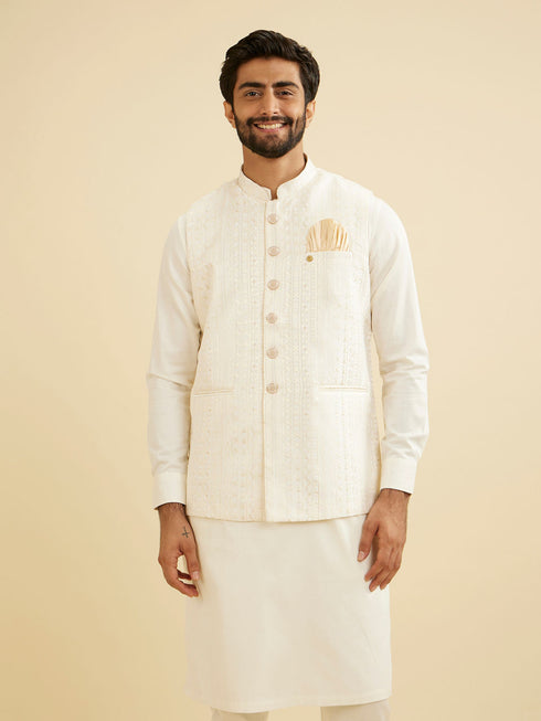 Manyavar Ivory Cream Linear Patterned Nehru Jacket