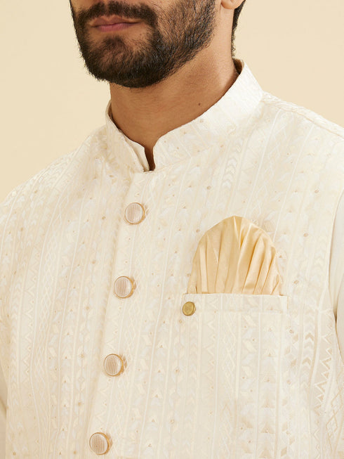 Manyavar Ivory Cream Linear Patterned Nehru Jacket