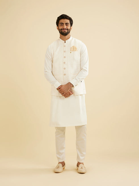 Manyavar Ivory Cream Linear Patterned Nehru Jacket
