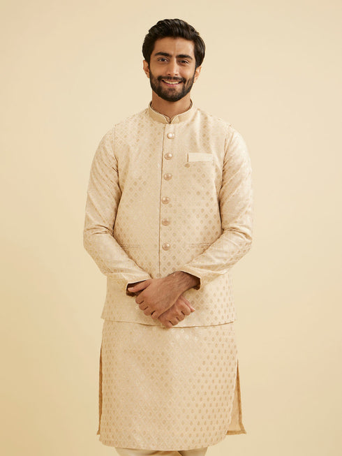 Manyavar Soft Beige Floral Buta Jaal Patterned Nehru Jacket