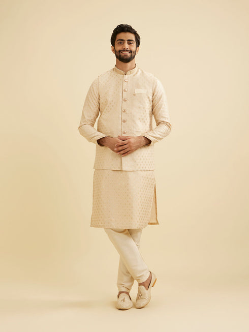 Manyavar Soft Beige Floral Buta Jaal Patterned Nehru Jacket