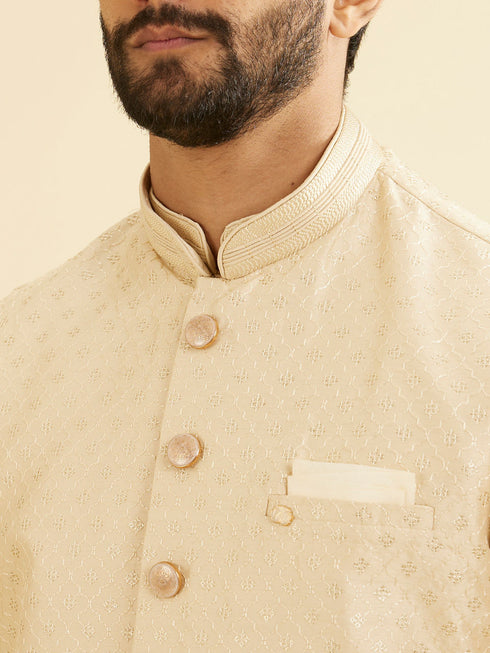 Manyavar Soft Beige Buta Jaal Patterned Jacket with Patra Work