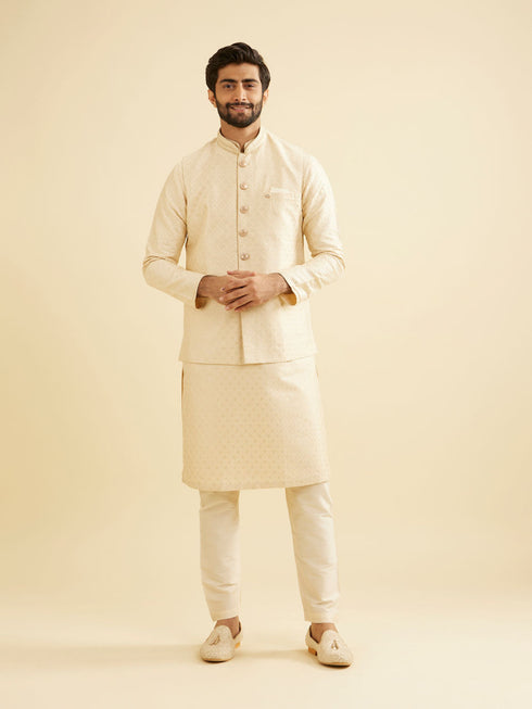 Manyavar Soft Beige Buta Jaal Patterned Jacket with Patra Work
