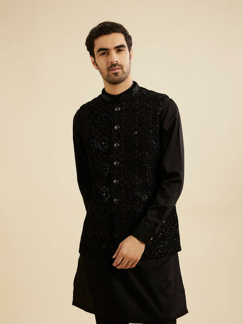Manyavar Dark Blue Sequinned Nehru Jacket