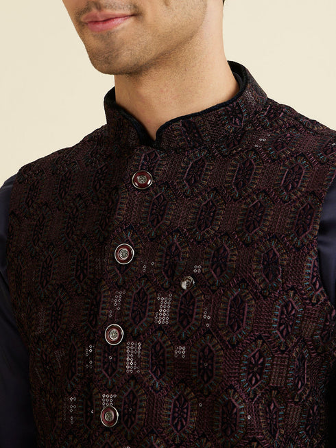 Manyavar Wine Velvet Elegance Nehru Jacket