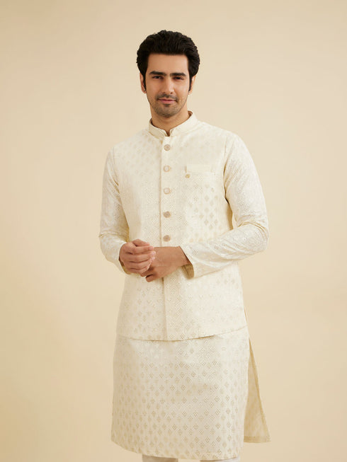 Manyavar Warm White Diamond String Patterned Nehru Jacket