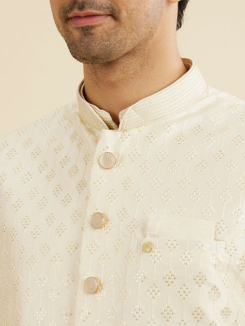 Manyavar Warm White Diamond String Patterned Nehru Jacket