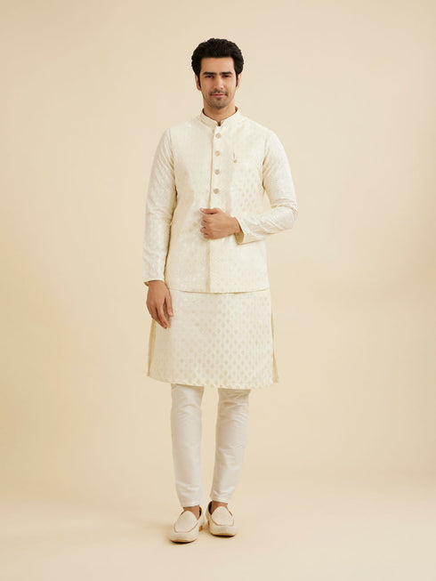 Manyavar Warm White Diamond String Patterned Nehru Jacket