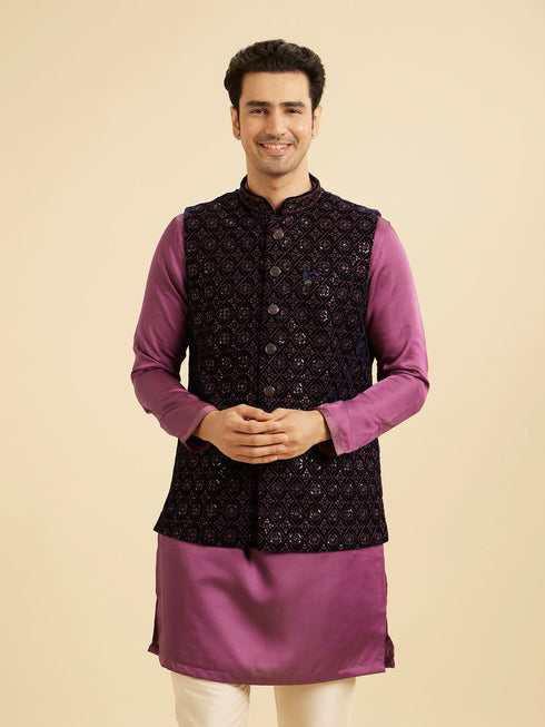 Manyavar Dark Blue Velvet Nehru Jacket