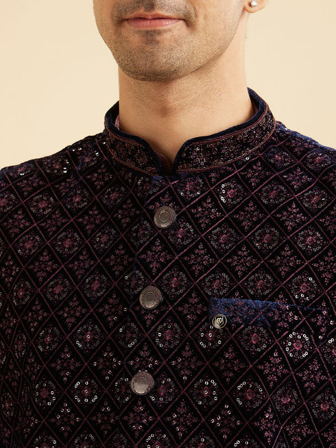 Manyavar Dark Blue Velvet Nehru Jacket