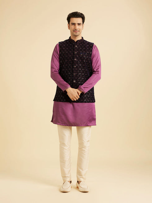 Manyavar Dark Blue Velvet Nehru Jacket