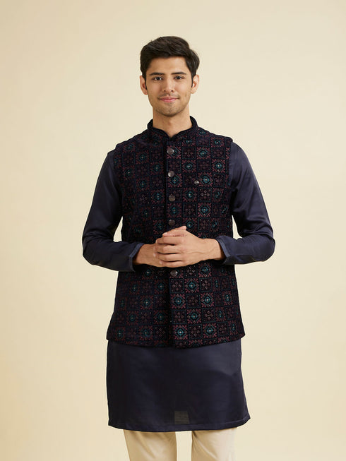 Manyavar Dark Blue Velvet Nehru Jacket