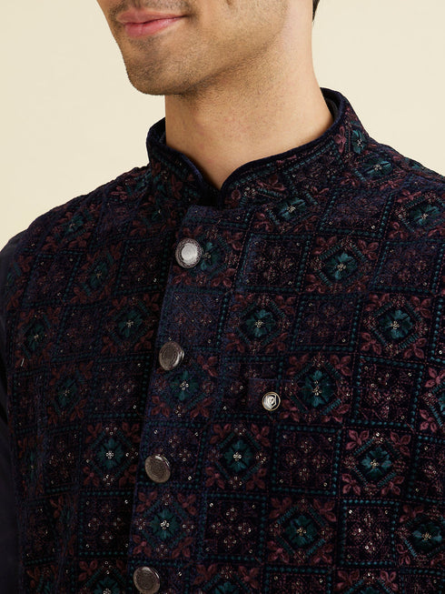 Manyavar Dark Blue Velvet Nehru Jacket
