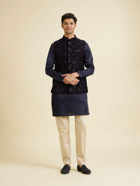 Manyavar Dark Blue Velvet Nehru Jacket