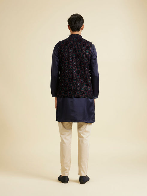 Manyavar Dark Blue Velvet Nehru Jacket