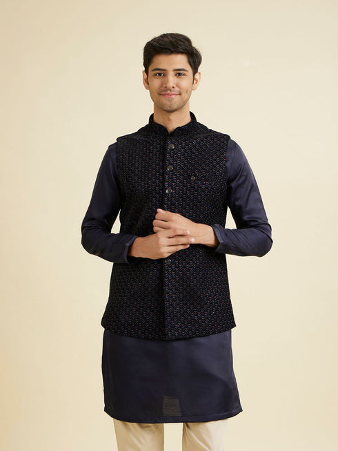 Manyavar Velvety Blue Elegance Nehru Jacket