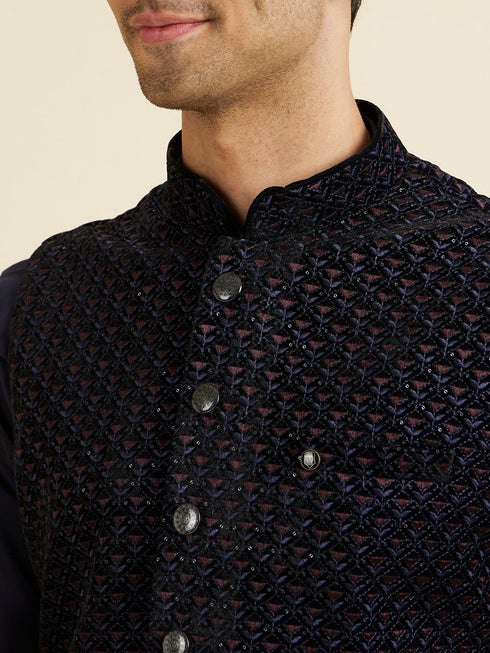 Manyavar Velvety Blue Elegance Nehru Jacket