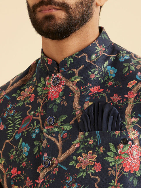 Manyavar Snazzy Dark Blue Cotton Nehru Jacket