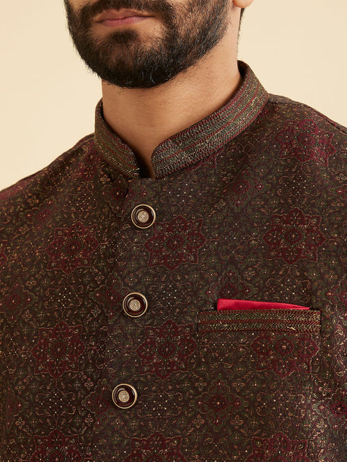 Manyavar Elegant Brown Brocade Nehru Jacket