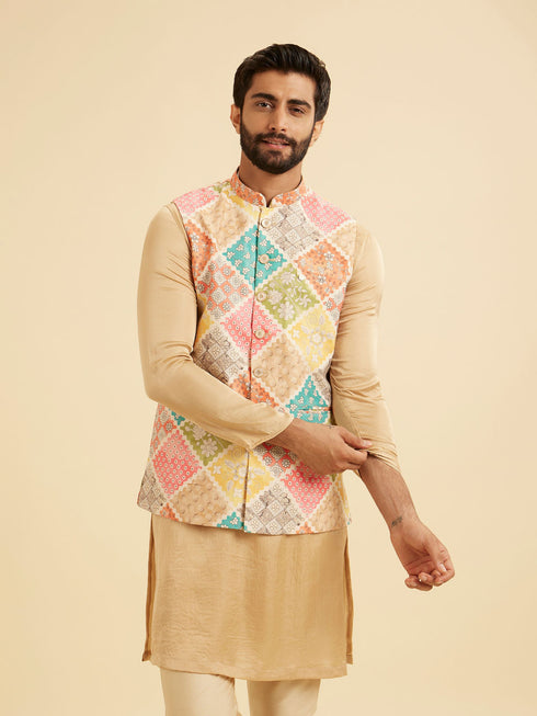 Manyavar Beige Cotton Elegance Nehru Jacket