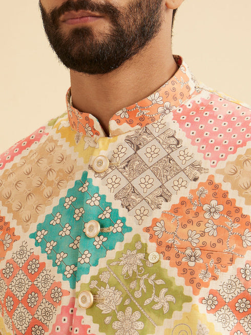 Manyavar Beige Cotton Elegance Nehru Jacket