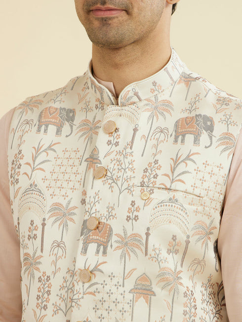 Manyavar Cream Satin Nehru Jacket