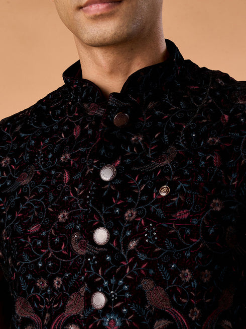 Manyavar Velvety Wine Nehru Jacket
