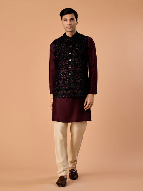 Manyavar Velvety Wine Nehru Jacket