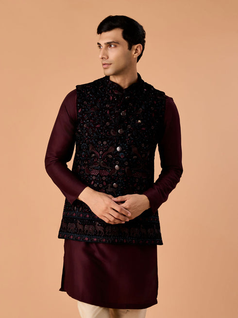 Manyavar Velvety Wine Nehru Jacket