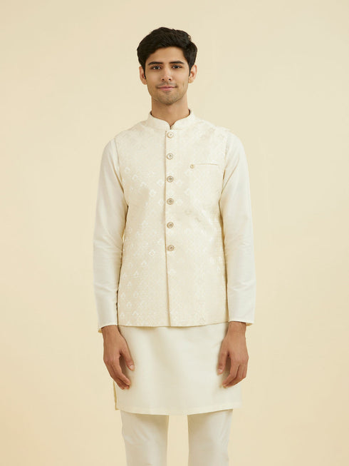 Manyavar Cream Brocade Nehru Jacket