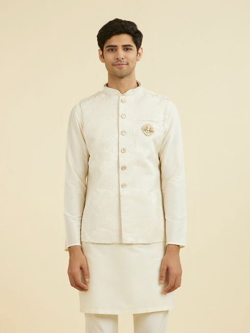 Manyavar Cream Brocade Nehru Jacket