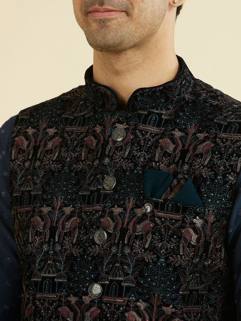 Manyavar Teal Velvet Nehru Jacket