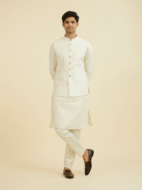 Manyavar Cream Brocade Nehru Jacket