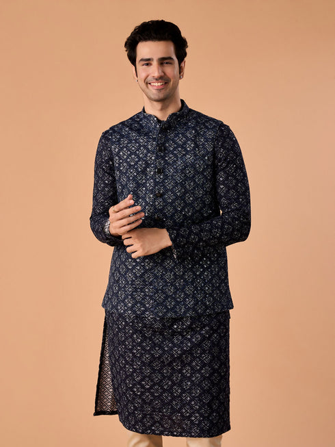 Manyavar Majestic Dark Blue Nehru Jacket