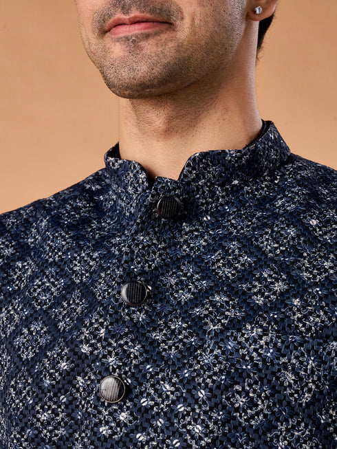 Manyavar Majestic Dark Blue Nehru Jacket