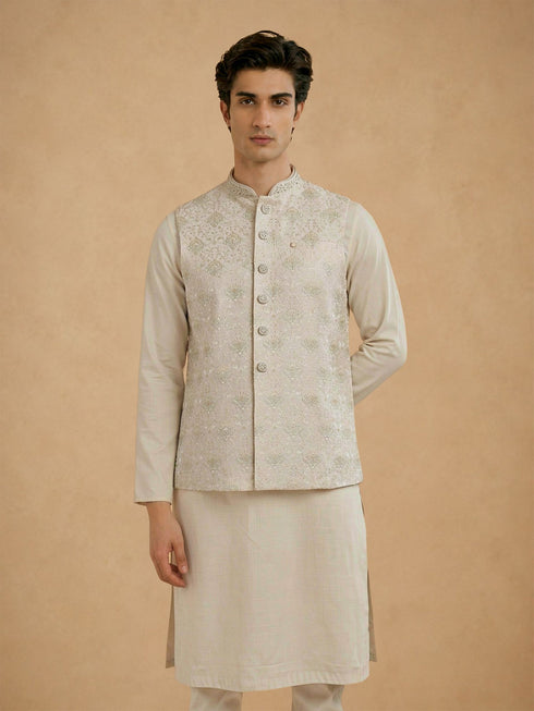 Manyavar Cream Silk Thread Embroidered Nehru Jacket