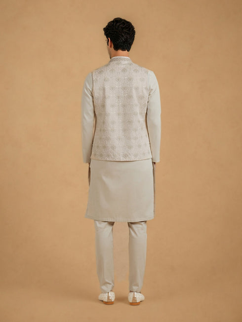 Manyavar Cream Silk Thread Embroidered Nehru Jacket