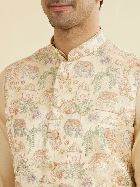Manyavar Beige Brocade Nehru Jacket
